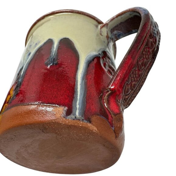 Handcrafted Ceramic Coffee Mug Redware Drip Glaze Rustic Cross Floral Handle - Picture 12 of 16